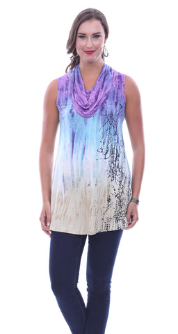 Parsley & Sage Violet, Sleeveless Cowl Neck Fancy Tunic In an Abstract Pattern