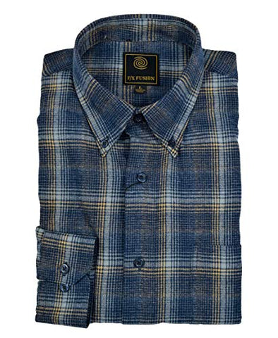 FX Fusion Navy Gold Grid Flannel Long Sleeve Men's Shirt with Button Down Collar