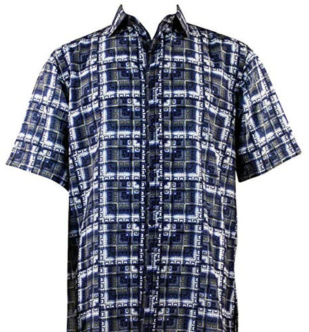 Bassiri Multi Squares Short Sleeve Square Hem Blue & White Geometric Print Shirt