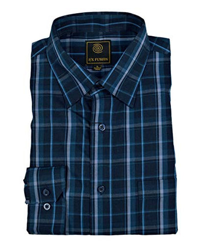 FX Fusion Blue Black Multi Plaid Men's Shirt with Under Collar Hold Down Buttons