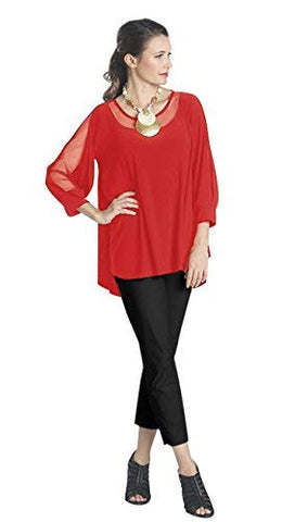 IC Collection High Low Hem Sheer Sleeves & Collar Contemporary Styled Red Top