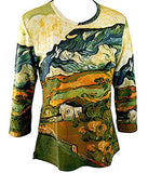 Van Gogh Les Alpilles Mountain, 3/4 Sleeve Hand Silk-Screened Art Novelty Top