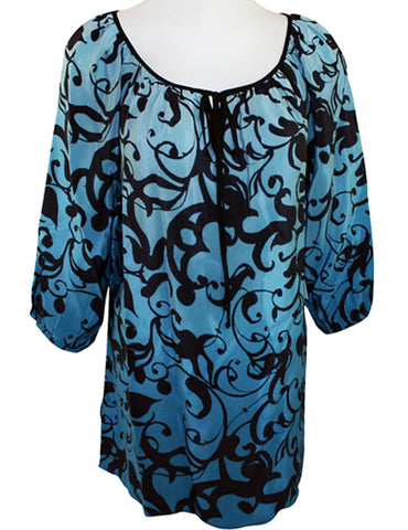 Karen Kane - Blue Mist,  Black Swirl Print, Balloon Sleeve, Tie Collar Tunic Top