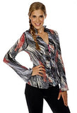 Cathaya Pleated Geometric Print, Flared Long Sleeve Blouse with a Ruffled Front Mock