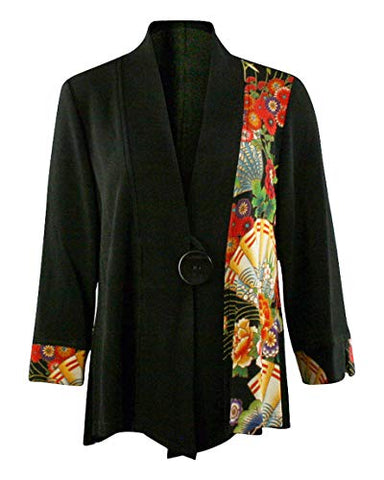 Moonlight Vello Fan Oriental Print Mandarin Collar Accented Sleeve Asian Jacket