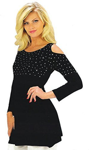 Crystaline Collections - Crystal Cut Outs, Swarovski Crystal Cold Shoulder 3/4 Sleeve Top