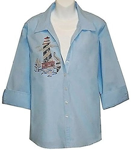 Tia Designs - Lighthouse , French Cuffs, Rhinestones, Blue, Cotton & Shirt