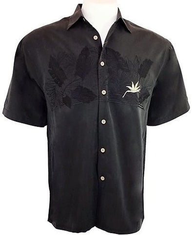 Bamboo Cay Tropical Style, Button Front Shirt, Charcoal Black - Bird of Paradise