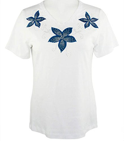Cactus Fashion - Three Flowers, Short Sleeve, Lace Trim Rhinestone Cotton Top
