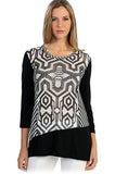 Cactus Fashion - Striped Mesh, 3/4 Sleeve, Color Block Black & White Tunic Top