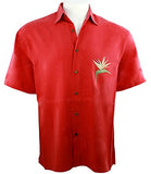 Bamboo Cay - Single Palm, Men's Tropical Style Red Shirt Background Embroidered