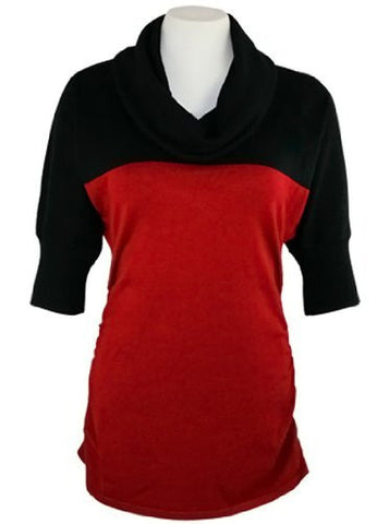 FX Fusion Knits - Black & Scarlet, Cowl Neck Top with Two Tone Color Block