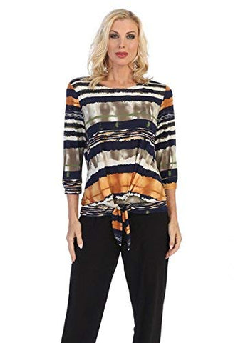 Caribe - Static Lines, 3/4 Sleeve, Scoop Neck, Tie Front Multicolored Fashion Top