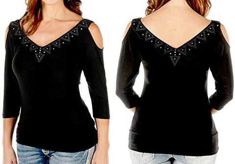 Liberty Wear Aztec Sasha, 3/4 Sleeve V-Neck Rhinestone Accent Black Fashion Top