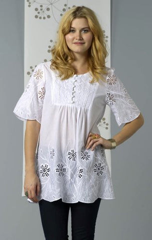 Bacci Clothing - Nadia, Peasant Blouse, Short Sleeve Button Front, Knitted Accents
