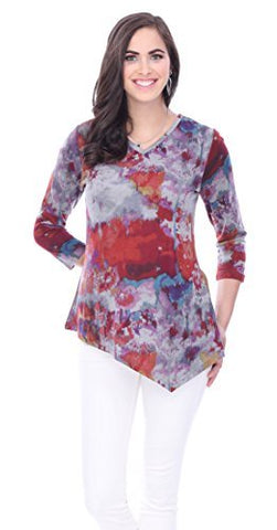 Parsley & Sage - Dawn, Asymmetric V-Neck Tunic 3/4 Sleeve Colorful Patterns