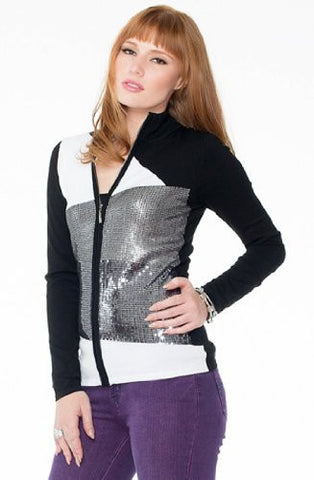 Belldini - Color Block, Black & White Mock Neck Cardigan with Sequins