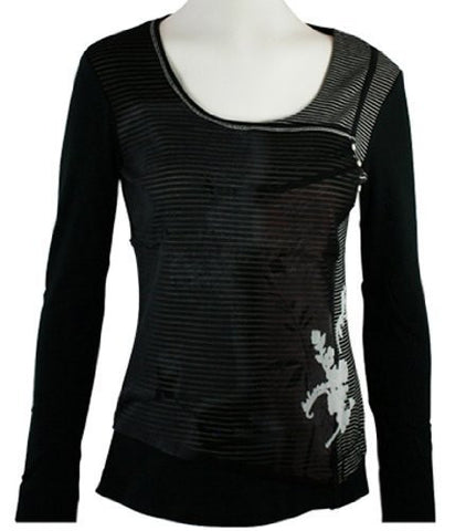 Orly Clothing - Horizontal Stripes, Cross Over Crew, Gathered Top, Trimmed Scoop Neck
