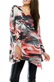Cubism Apparel - Red Wave, Asymmetric Hem, Long Sleeve Fashion Tunic Top