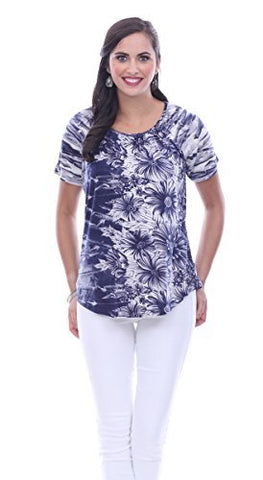 Parsley & Sage Trinity, Short Sleeve Scoop Neck Floral Accented Fancy Print Top