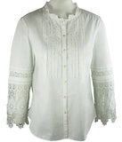 Ravel Fashion Cut-Out Patterned Trimmed Sleeves Mock Neck White Peasant Blouse