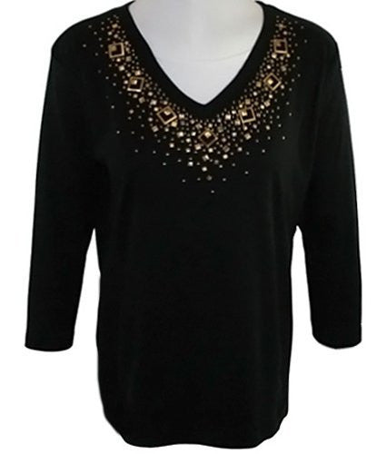 Morning Sun - Square Off Black Novelty Top with Applique Accents ...