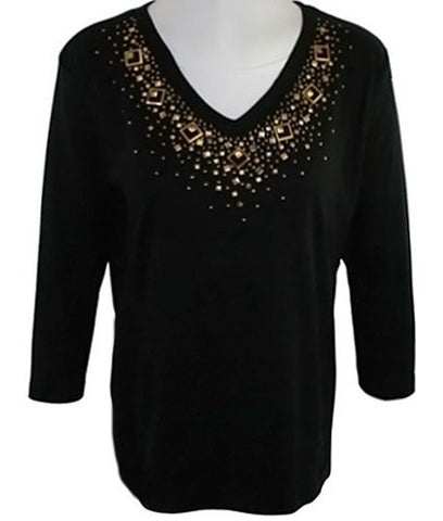 Morning Sun - Square Off Black Novelty Top with Applique Accents