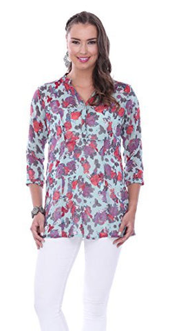 Parsley & Sage - Rosie, 3/4 Sleeve Henley Tunic Top on a Floral Patterned Body