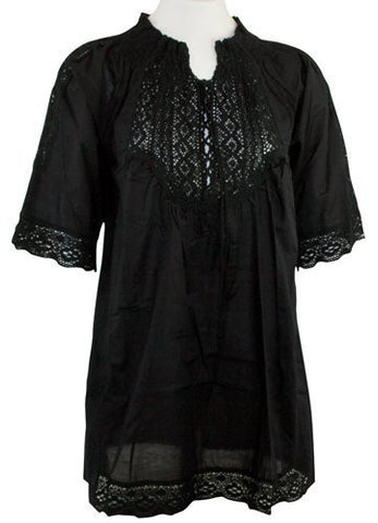 Ravel Fashion Black Colored Peasant Blouse 1/2 Sleeve, Tie Neck