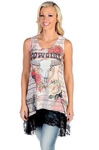 Liberty Wear Cowgirl Roses, Sleeveless, Lace Hem Trim Western Style Tank Top