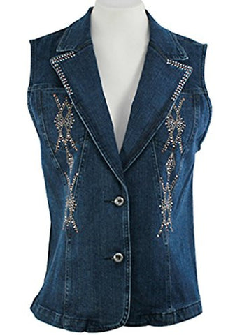 Katina Marie Sleeveless Rhinestone Trimmed Pockets Button Front Dark Denim Vest