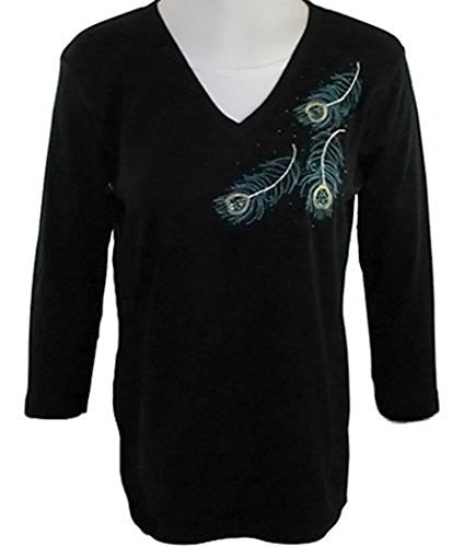 Morning Sun - Peacock Plumes, 3/4 Sleeve, V-Neck Rhinestone Top