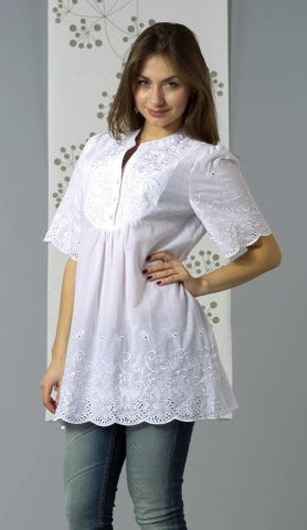 Bacci Clothing - Natalie, Peasant Blouse, Short Sleeve Button Front, Knitted Accents