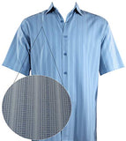 Bassiri - Button Front, Short Sleeve, Square Hem, Blue Striped, Casual Men's Shirt