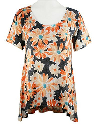 Nally & Millie - Orange Flowers, Scoop Neck Short Sleeve Lightweight Tunic Top