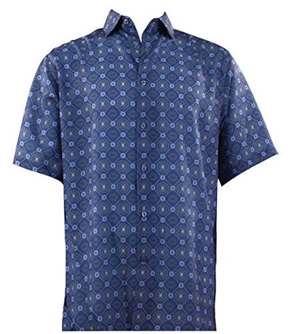 Bassiri - Blue Squares, Button Front Short Sleeve Square Hem Blue Men's Shirt