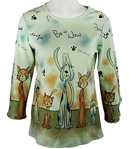Cactus Fashion - Puppy & Kitty, 3/4 Sleeve, Sage Colored Rhinestone Accented Top