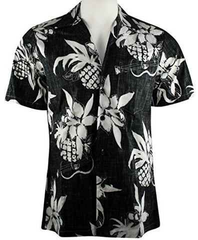 RJC Hawaii Fruit Leaves Ukulele, Classic Hawaiian Button Front Reverse Print Cotton Shirt