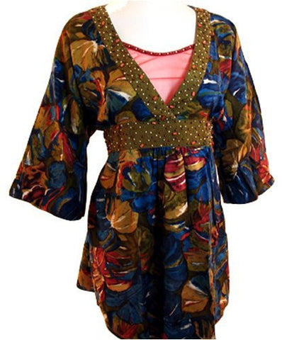 Usindo, "Watercolors" Beading, Hand Painted, Floral Themed, V-Neck Tunic