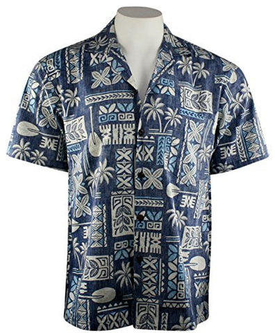Ky's International - Paddle & Palms, Men's Casual Hawaiian Shirt, Navy Blue