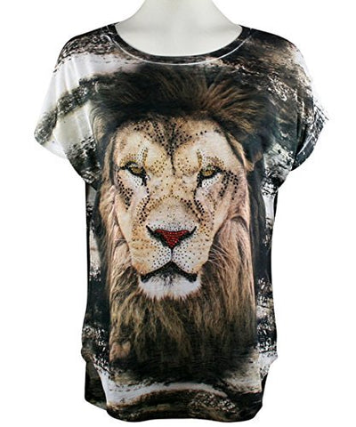 Big Bang Clothing - Shimmering Lion, Cap Sleeve, Scoop Neck Rhinestone Print Top