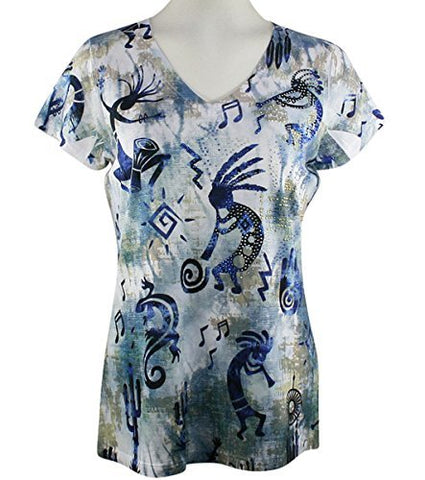 Big Bang Clothing Company - Blue Kokos, Cap Sleeve V-Neck Rhinestone Print Top