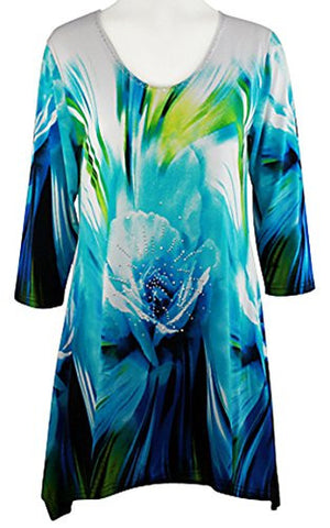 Valentina Signa - Blue Floral, 3/4 Sleeve V-Neck Print Rhinestone Highlights