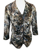 Boho Chic, V-Neck Collar, Shirred Zip Front, Gold Foiled Fashion Top - Jungle Beauty
