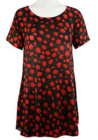 Nally & Millie - Red Dots, Scoop Neck Short Sleeve Lightweight Knit Tunic Top