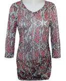 Cubism Egyptian Print, Tuck In Flair Sleeve Top, One Side Shirring