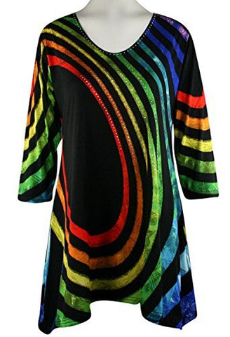 Valentina Signa - Concentric Lines, 3/4 Sleeve V-Neck Tunic Rhinestone Accents