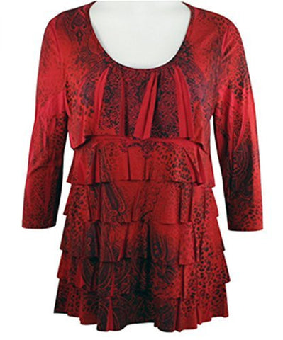 Pretty Woman - Double Ruffle, Scoop Neck, 3/4 Sleeve, Sublimation Print Red Top