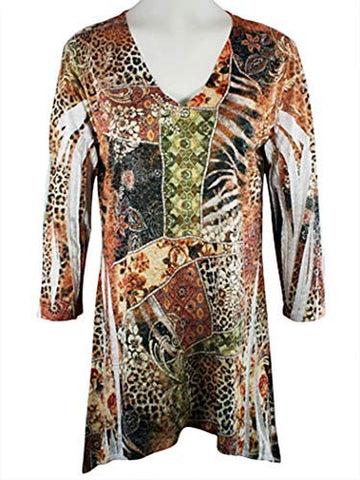 Impulse California - Wild Patch, 3/4 Sleeve, V-Neck, Abstract Pattern Tunic Top