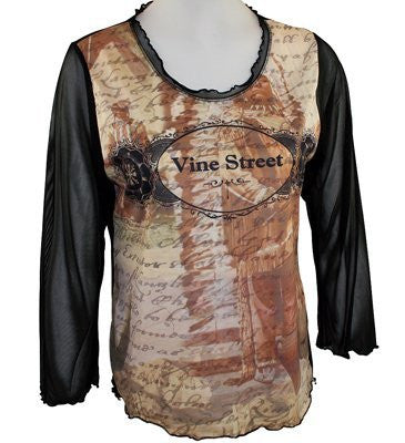Vine Street Apparel, Beige & Black Top with 3/4 Sheer Sleeves - Native